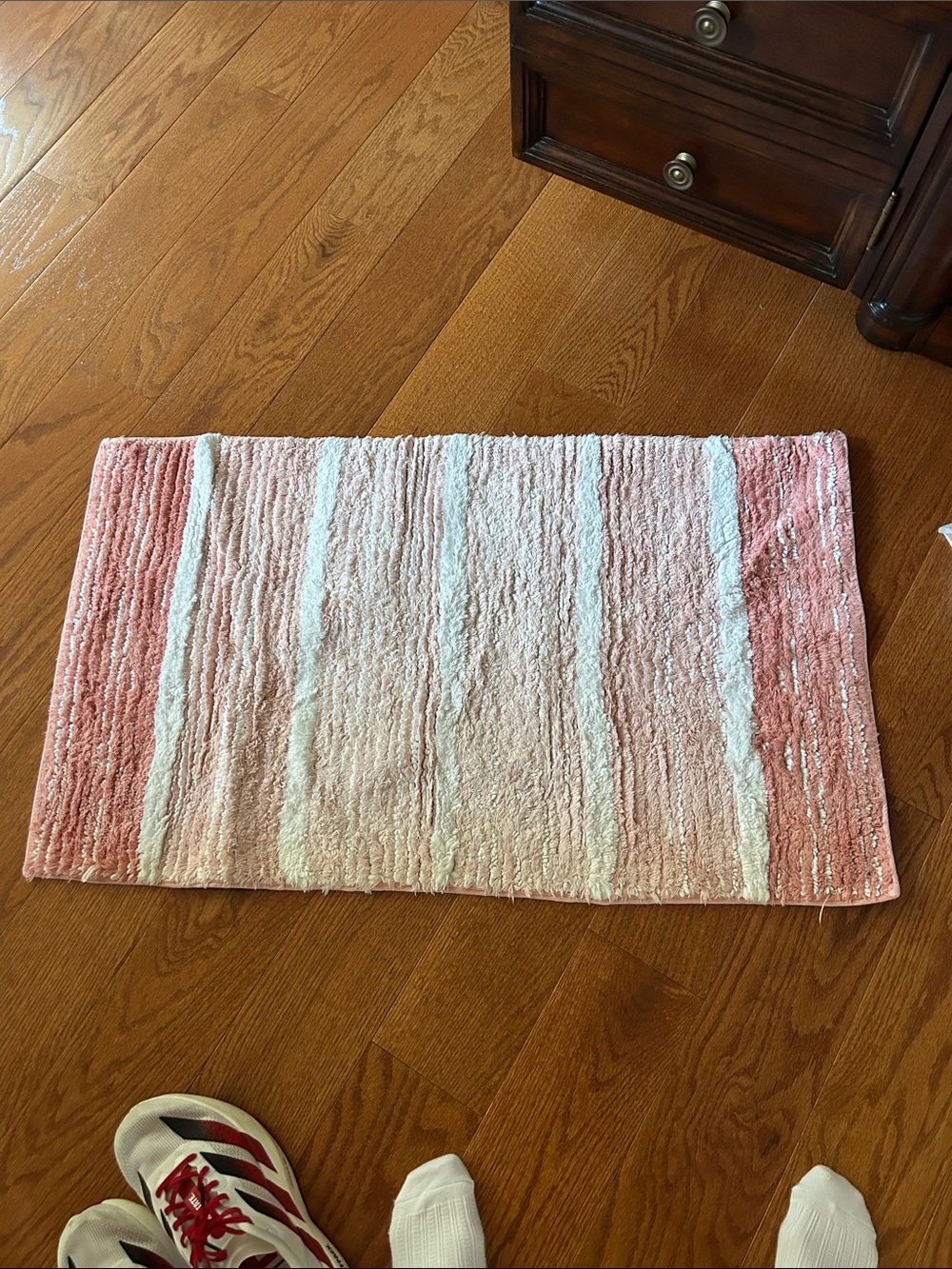 Plush Pink and White Striped Bath Mat